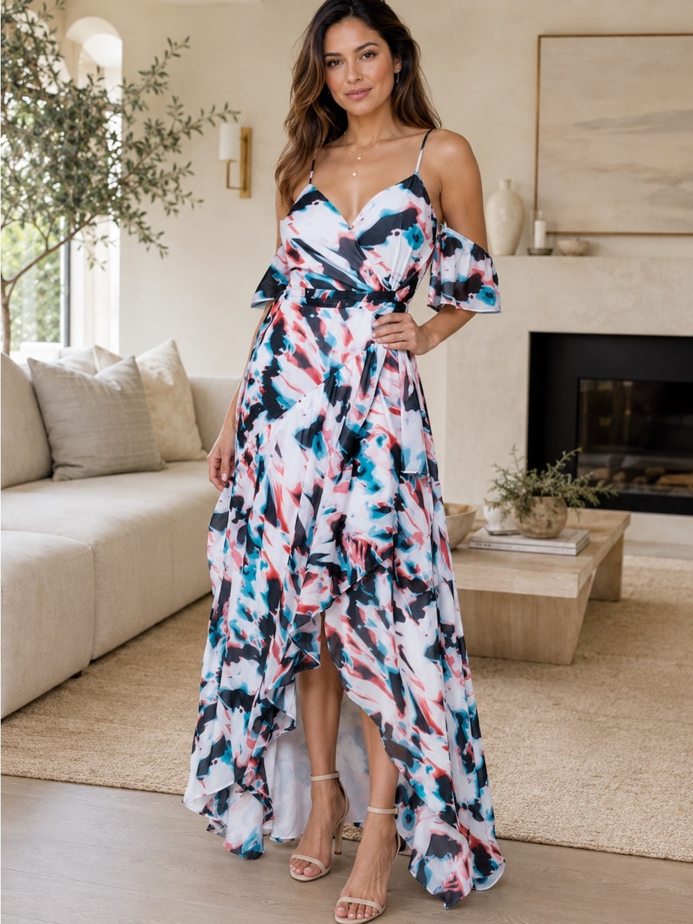 Bebe Abstract Print Cold-Shoulder Maxi Dress